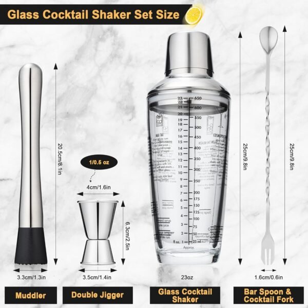 Tiawudi 23oz Glass Cocktail Shaker Set, 4PCS Bartender Kit, Martini Mixer Shaker with Built-in Strainer, Measuring Jigger, Cocktail Muddler & Mixing Spoon, Bar Tool Set for Bartender and Home Use - Image 4