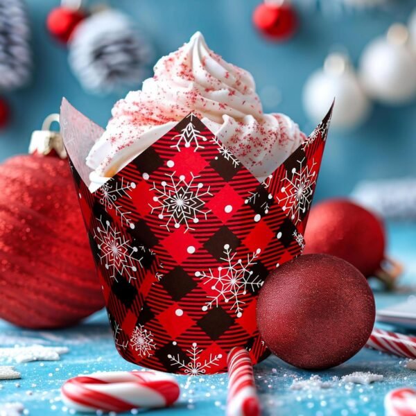 Whaline 200Pcs Christmas Plaid Tulip Cupcake Liners Plaid Snowflake Muffin Tulip Baking Cups Xmas Red Black Tulip Cupcake Wrappers for Holiday Party Supplies - Image 8