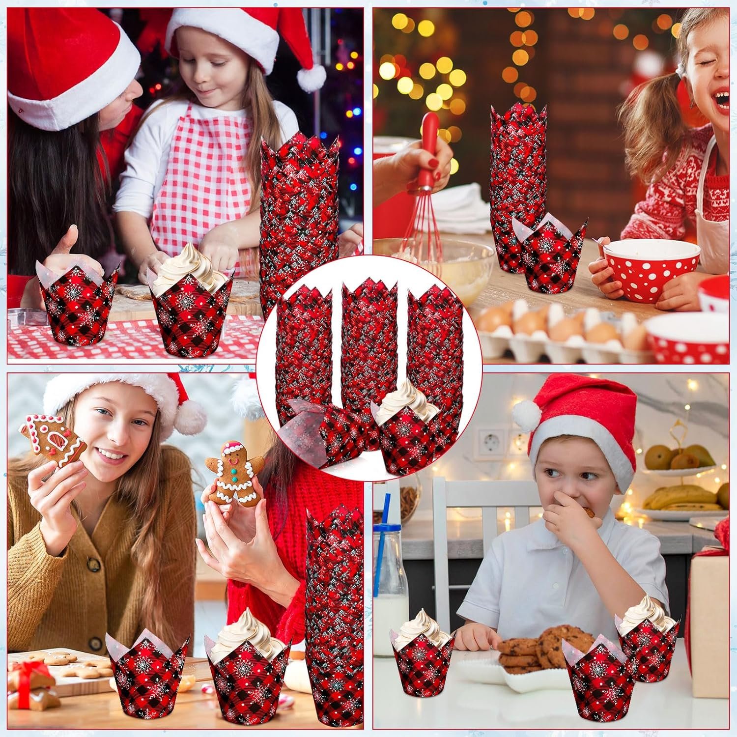 Whaline 200Pcs Christmas Plaid Tulip Cupcake Liners Plaid Snowflake Muffin Tulip Baking Cups Xmas Red Black Tulip Cupcake Wrappers for Holiday Party Supplies - Image 6