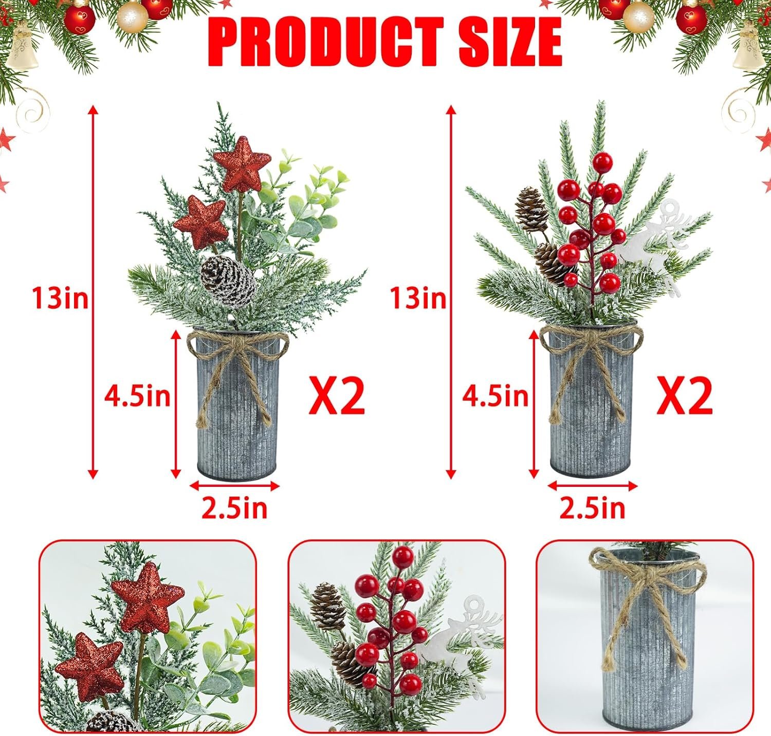 4 Pcs Christmas Centerpieces for Tables, Small Christmas Floral Arrangements Artificial Christmas Plants Christmas Berry Pine Cone Picks with vase for Holiday Home Farmhouse Party Decor - Image 4
