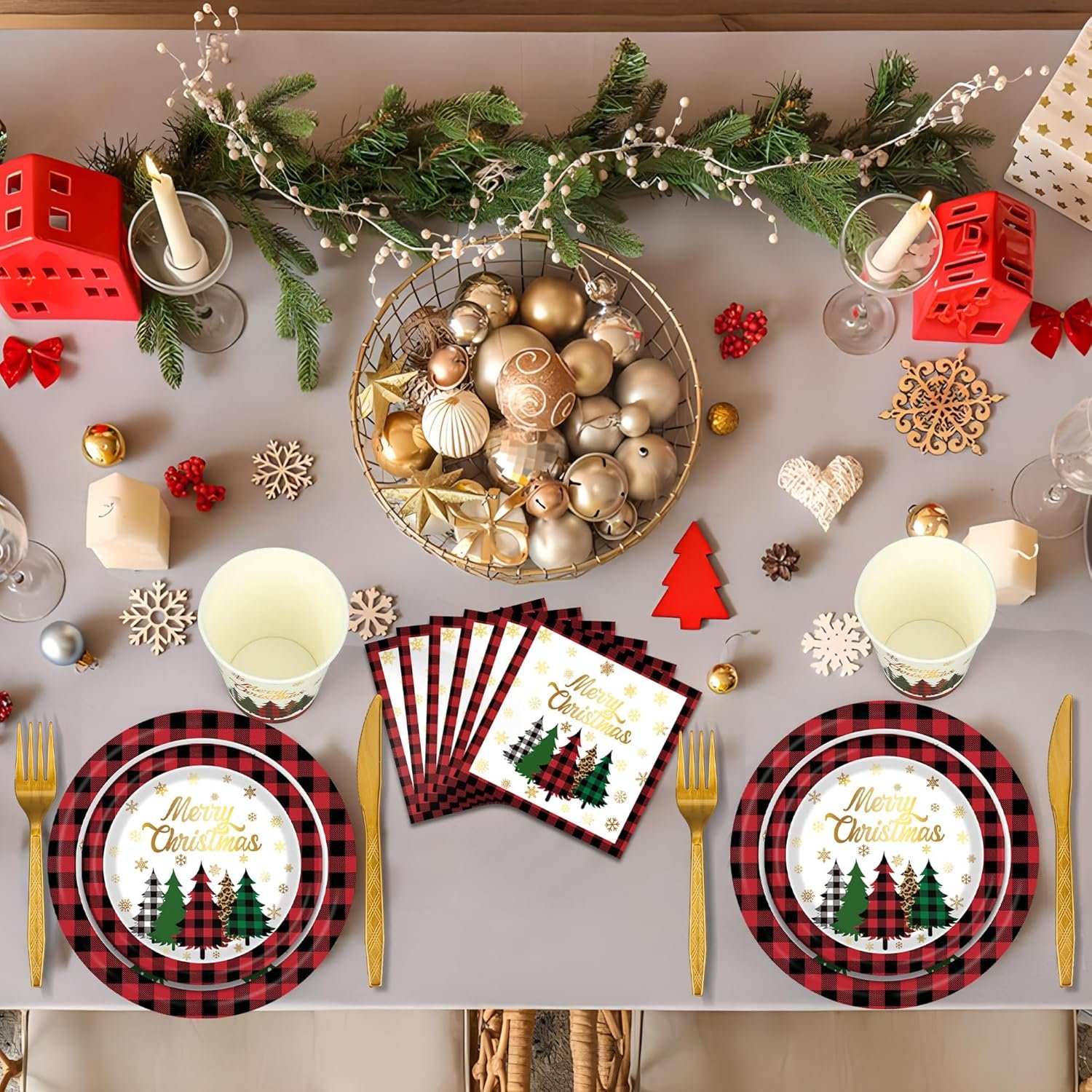 Christmas Paper Plates Napkins Cups Disposable Merry Christmas Party Tableware Supplies Buffalo Plaid Christmas Tree Snowman Paper Dinnerware Set for Holiday Xmas Party Supplies, Serve 25 - Image 8