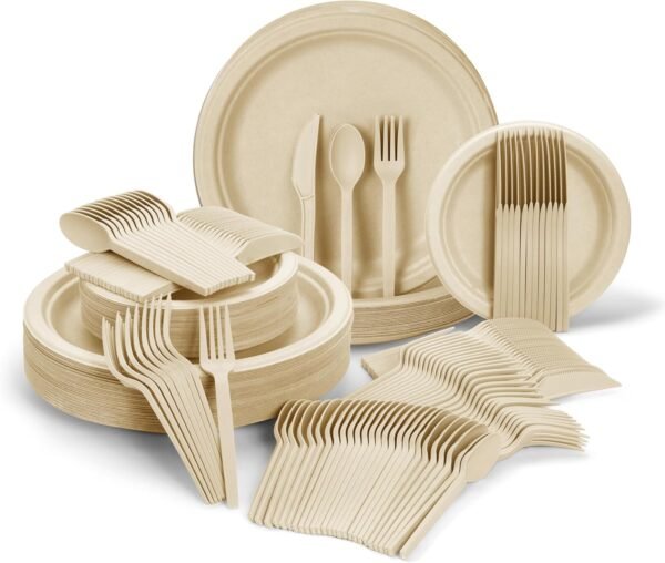 ALPIO 250Pcs Disposable Paper Plates Set, Compostable Dinnerware Set for 50 Guests – Biodegradable Paper Plates, Eco-Friendly Sugarcane Utensils, Includes Paper Plates, Forks, Knives, Spoons - Image 8