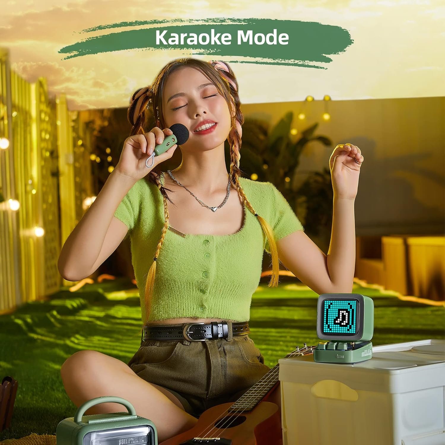Divoom Ditoo-Mic Bluetooth Speaker with Karaoke Microphone - RGB Keyboard and Pixel Display Desktop Decor, Different Sound Modes, Ideal Gifts for Home Party, Mobile KTV (Green) - Image 3