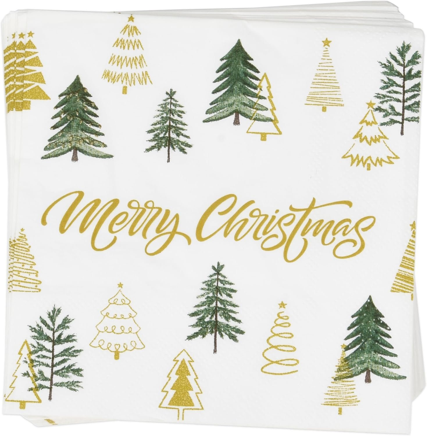 100 Merry Christmas Tree Cocktail Beverage Napkins Disposable Paper Decorative Elegant Xmas Green & Gold Trees Dessert Dinner Hand Napkin for Winter Holiday Wedding Party Supplies Tableware Decoration - Image 5