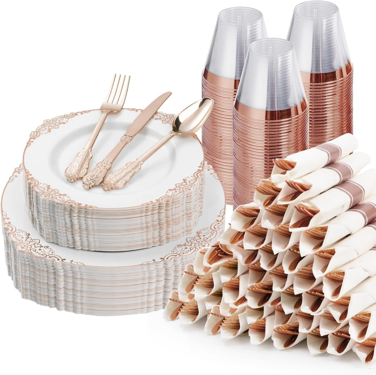 350PCS Rose Gold Plastic Plates for 50 Guests, Disposable Dinnerware Sets Include 100 Rose Gold Rim Plastic Plates, 50 Silverware, 50 Pre Rolled Napkins for Party, Wedding & Decor - Image 2