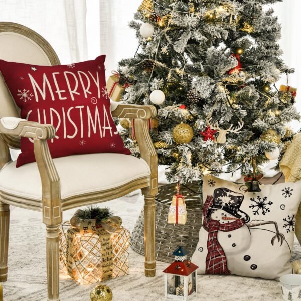 AVOIN colorlife Merry Christmas Snowman Let It Snow Throw Pillow Covers, 18 x 18 Inch Xmas Tree Winter Holiday Cushion Case Decoration for Sofa Couch Set of 4 - Image 4