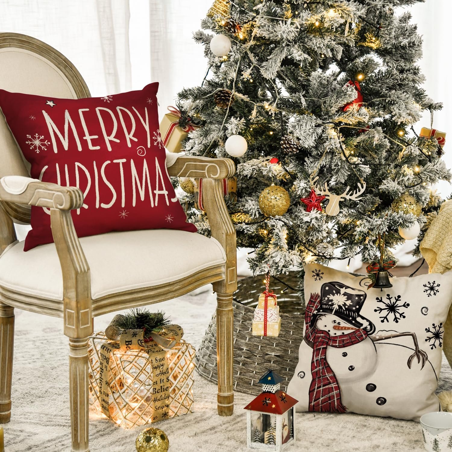 AVOIN colorlife Merry Christmas Snowman Let It Snow Throw Pillow Covers, 18 x 18 Inch Xmas Tree Winter Holiday Cushion Case Decoration for Sofa Couch Set of 4 - Image 4