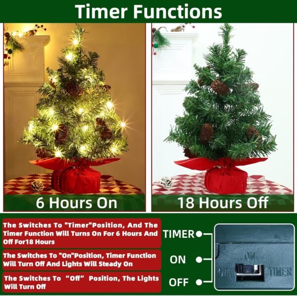 2 Pack Tabletop Christmas Tree with Lights Timer, Mini Small Christmas Tree Battery Operated 40 LED Artificial Cedar Xmas Tree Pinecones Lifelike Classics Branches Wooden Base Table Home Indoor Decor - Image 3