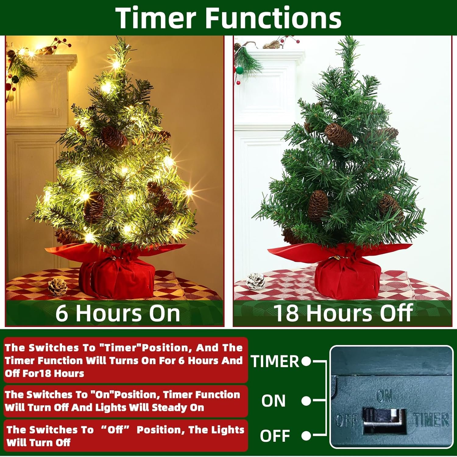 2 Pack Tabletop Christmas Tree with Lights Timer, Mini Small Christmas Tree Battery Operated 40 LED Artificial Cedar Xmas Tree Pinecones Lifelike Classics Branches Wooden Base Table Home Indoor Decor - Image 3