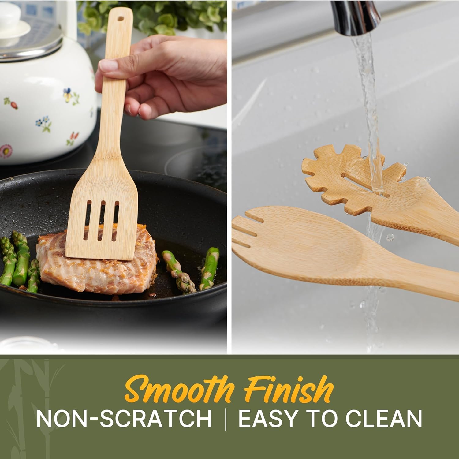 Wooden Utensil Set, Bamboo Wooden Cooking Utensils, Kitchen Gift Ideas – 7 PCs Easy to Clean Wooden Kitchen Utensil Set, Sturdy, Lightweight & Heat Resistant - Image 7
