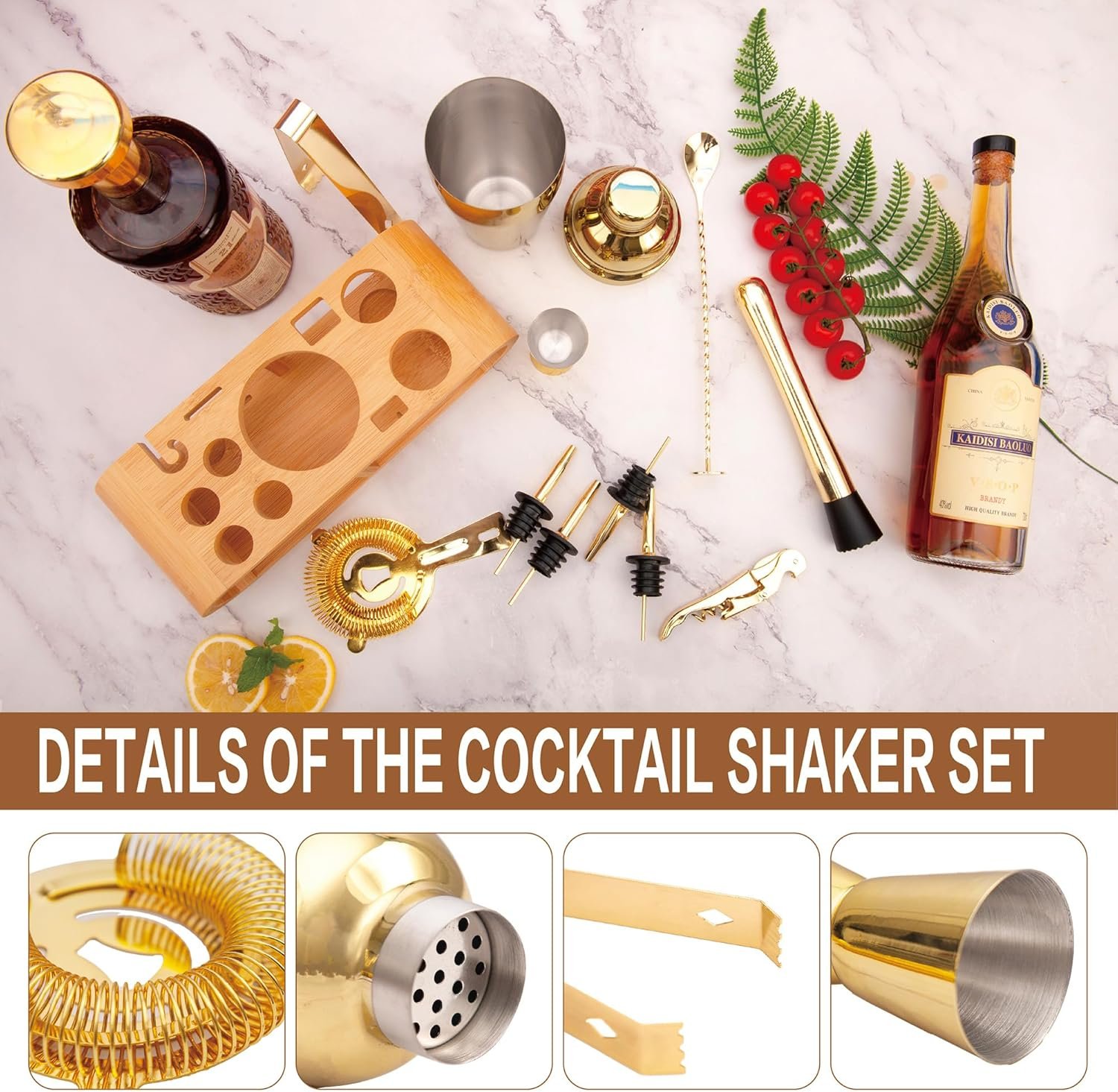 12Pcs-Cocktail Shaker Set Stainless Steel Bartending Kit 18.6oz Cocktail Bar Set Cocktail Mix Drink Making Kit Professional Bar and Home Drink Bar Tools for Bartender(Gold, 12Pcs) - Image 4