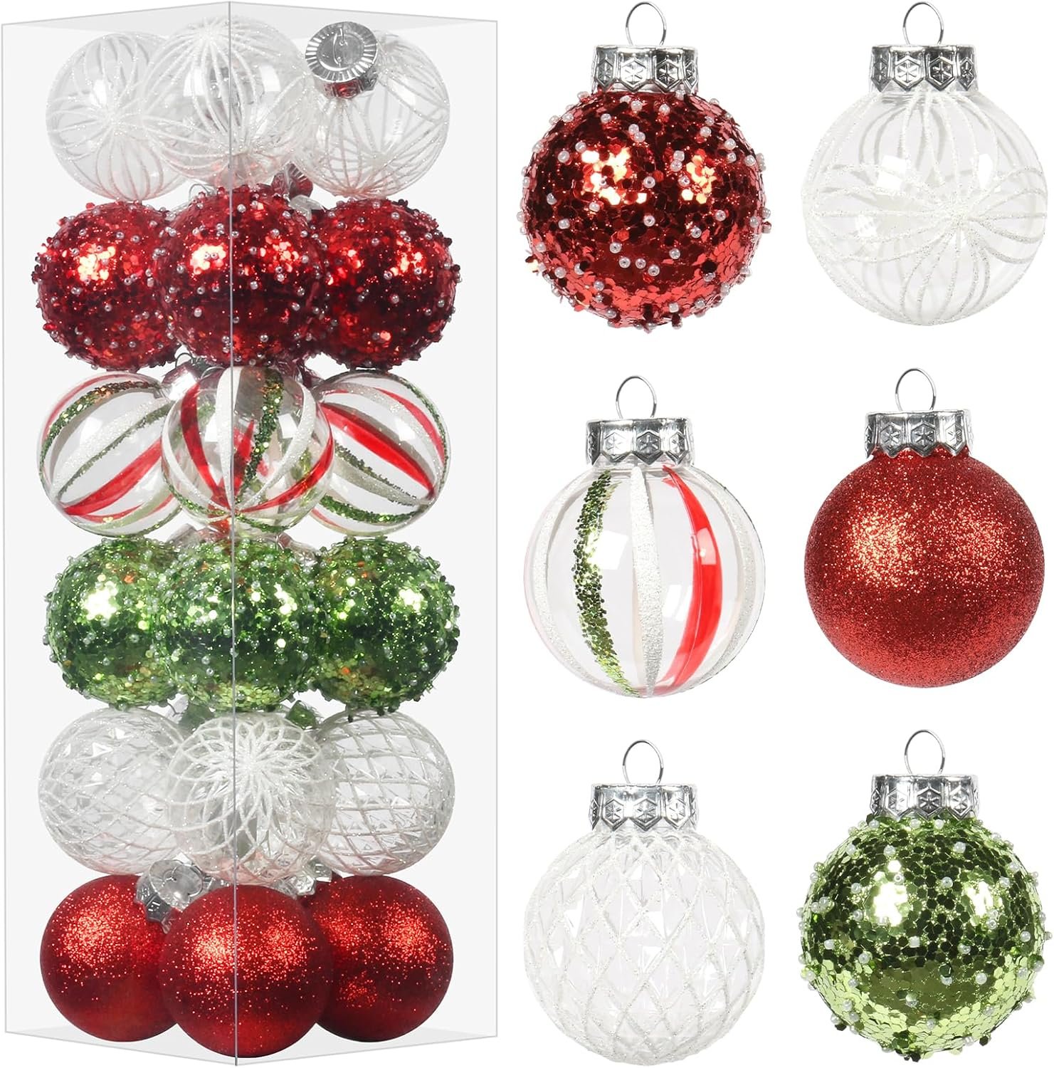 RostCaft 60MM/2.36Inch Clear Christmas Ornaments Set, 24PCS Shatterproof Christmas Ornaments Balls for Christmas Tree Hanging Decorations for Holiday Wedding Gifts Xmas Party Decor - Red/Green/White. - Image 2