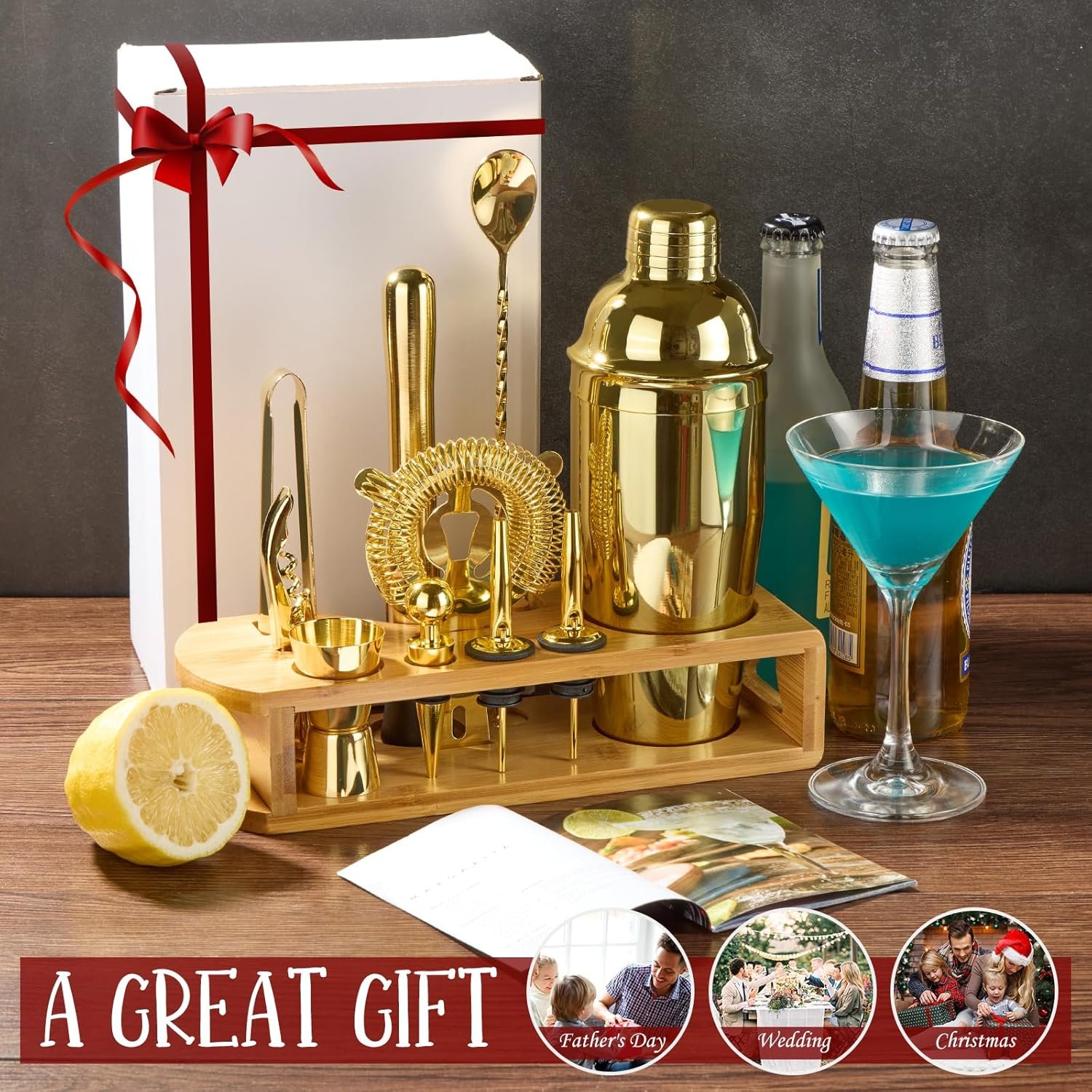 Cocktail Shaker Set Bartender Kit : 12-Piece Bar Tool Set with Bamboo Stand | Bar Set with All Practical Bar Accessories, for Drink Mixing, Bar, Home, Lounge & Party (Gold) - Image 8