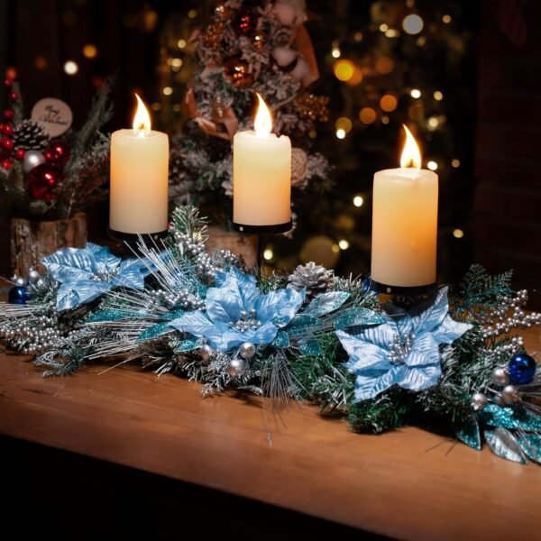 Meonum 37in Christmas Centerpieces for Tables Decorations with 3 Glitter Blue Poinsettia, 3 Candle Holders, 10 Zip Ties, Enchanting Blue Christmas Dining Table Centerpieces Entryway, Mantel, Holiday - Image 2