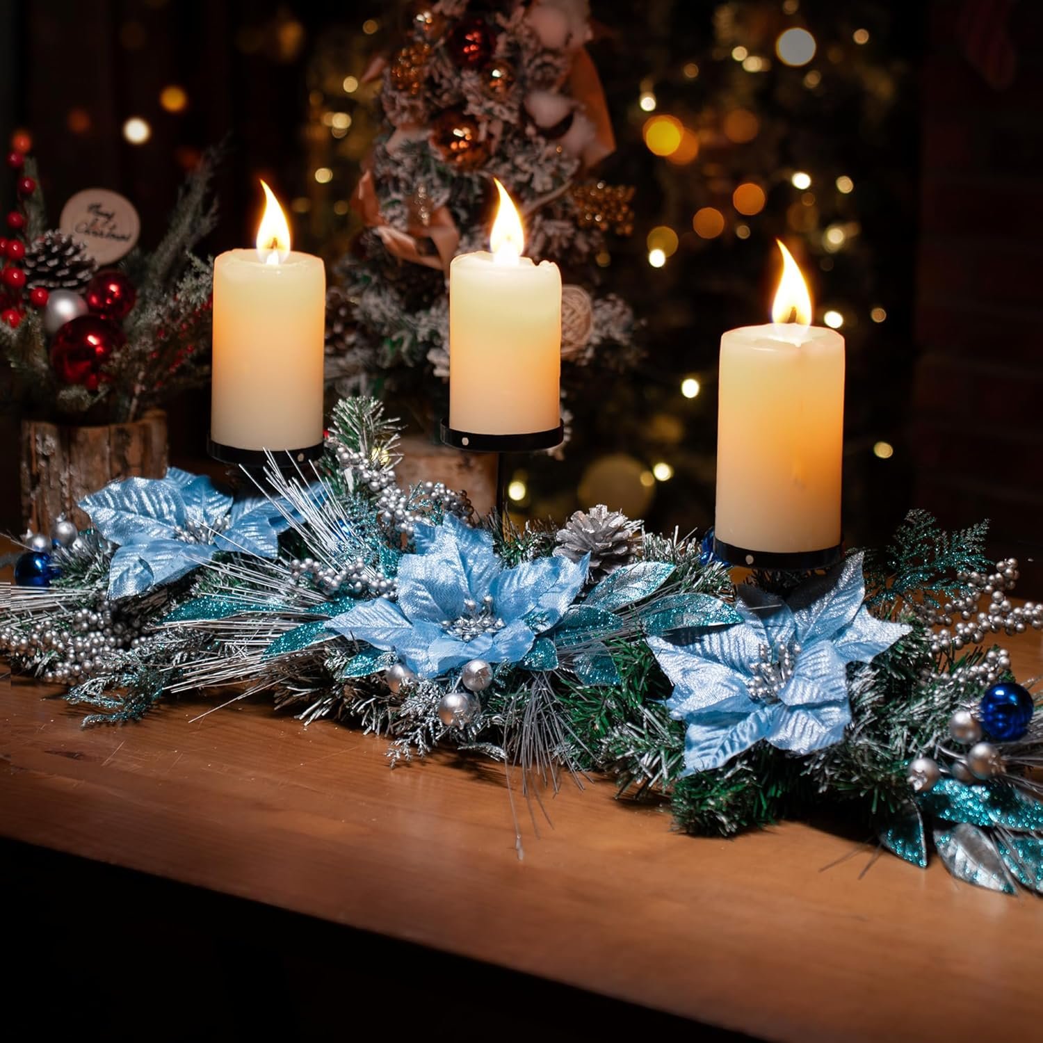Meonum 37in Christmas Centerpieces for Tables Decorations with 3 Glitter Blue Poinsettia, 3 Candle Holders, 10 Zip Ties, Enchanting Blue Christmas Dining Table Centerpieces Entryway, Mantel, Holiday - Image 2