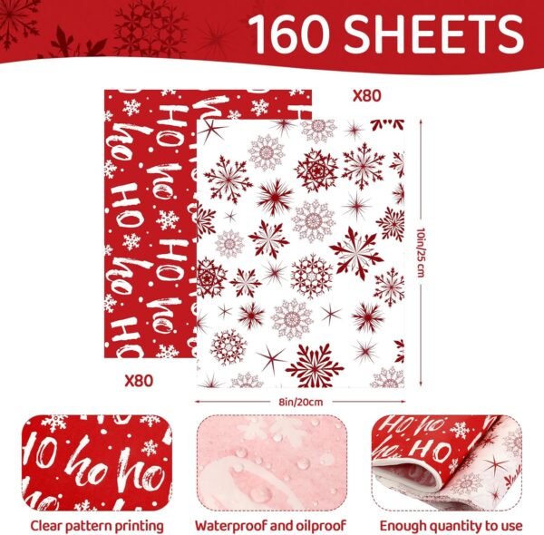160 Pcs Christmas Wax Paper Sheets for Food Snowflake Hoho Wax Paper Wrapping Bulk Deli Parchment Baking Paper Sandwich Candy Cookies Waterproof Wrappers Oilproof Basket Liners (8 x 10 Inch) - Image 3