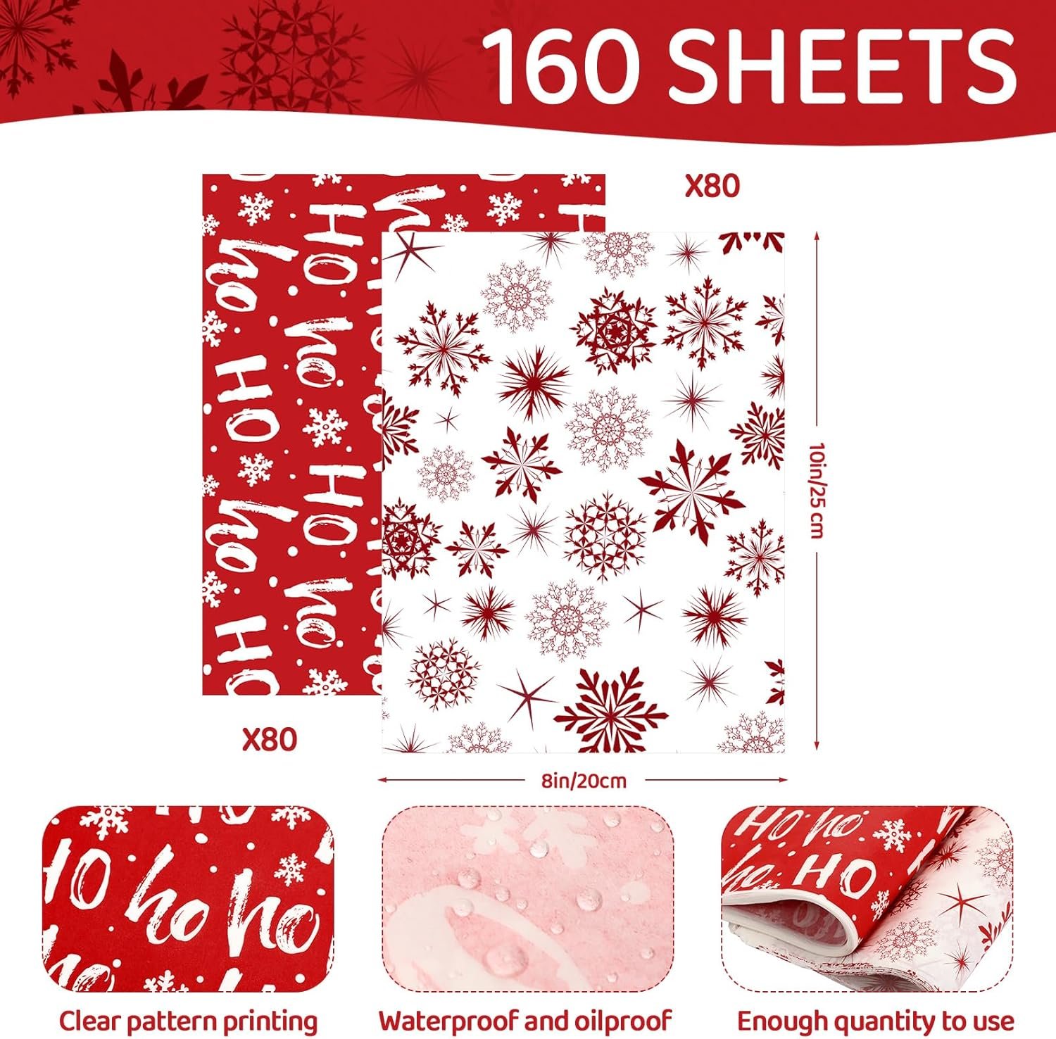160 Pcs Christmas Wax Paper Sheets for Food Snowflake Hoho Wax Paper Wrapping Bulk Deli Parchment Baking Paper Sandwich Candy Cookies Waterproof Wrappers Oilproof Basket Liners (8 x 10 Inch) - Image 3