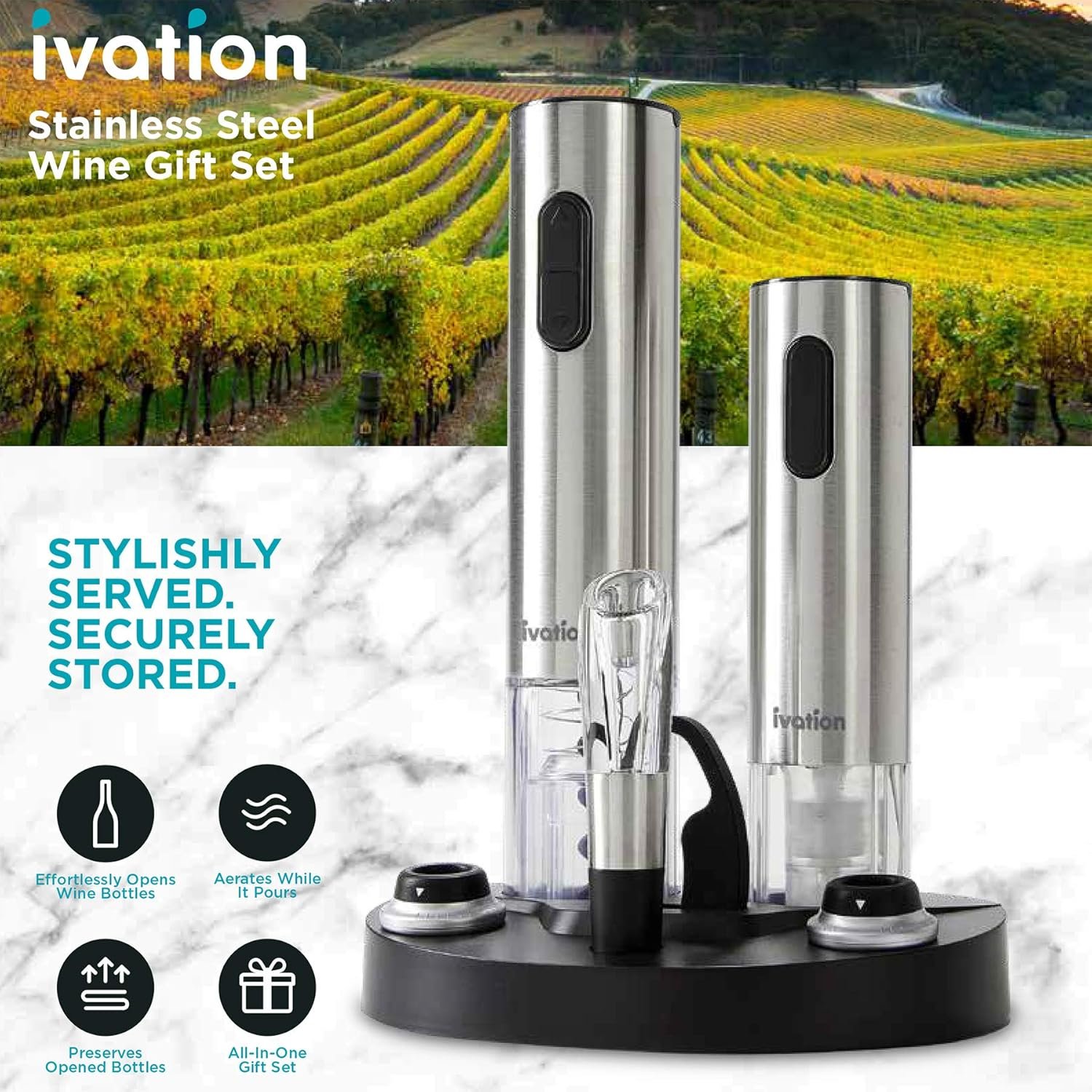 Ivation Electric Wine Gift Set - Includes Electric Bottle Opener, Wine Aerator, Electric Vacuum Preserver, Stoppers, Foil Cutter & Charging Base - Image 3