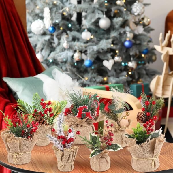 Omldggr 8 Styles of Small Artificial Christmas Tree Centerpieces for Table, Mini Christmas Plants with Red Berries Pine Cone Pine Branches for Christmas Home Office Table Desktop Decoration (8 Inch) - Image 8