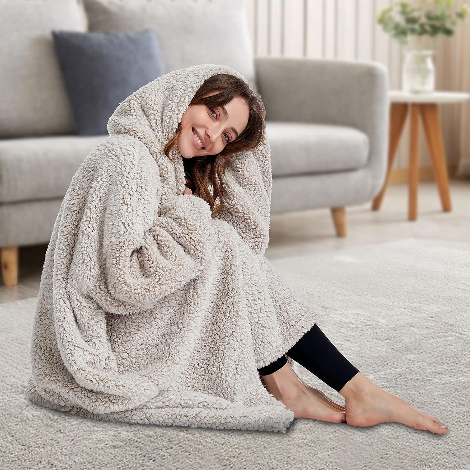 HORIMOTE HOME Cozy Sherpa Wearable Snuggle Blanket Hoodie for Adults Women Men Kids Gift Idea, Super Warm Lightweight Oversized Blanket Sweatshirt, Light Brown - Image 3