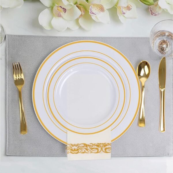BAYZZ 175 Piece Gold Dinnerware Set, 25 Guest Gold Rim Plastic Plates, 25 Gold Plastic Silverware, 25 Gold Cups, 25 Gold Napkins, Disposable Dinnerware Set 25 Guest, For Wedding, Party - Image 4