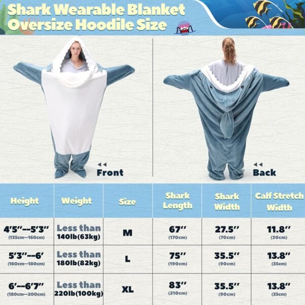 Touchat Shark Blanket for Adult Super Soft Cozy Flannel Throw Wearable Blanket, Cartoon Animals Shark Blanket Hoodie, Sleeping Bag Cosplay Shark Costume Blanket Gifts for Shark Lovers (Blue,M) - Image 7