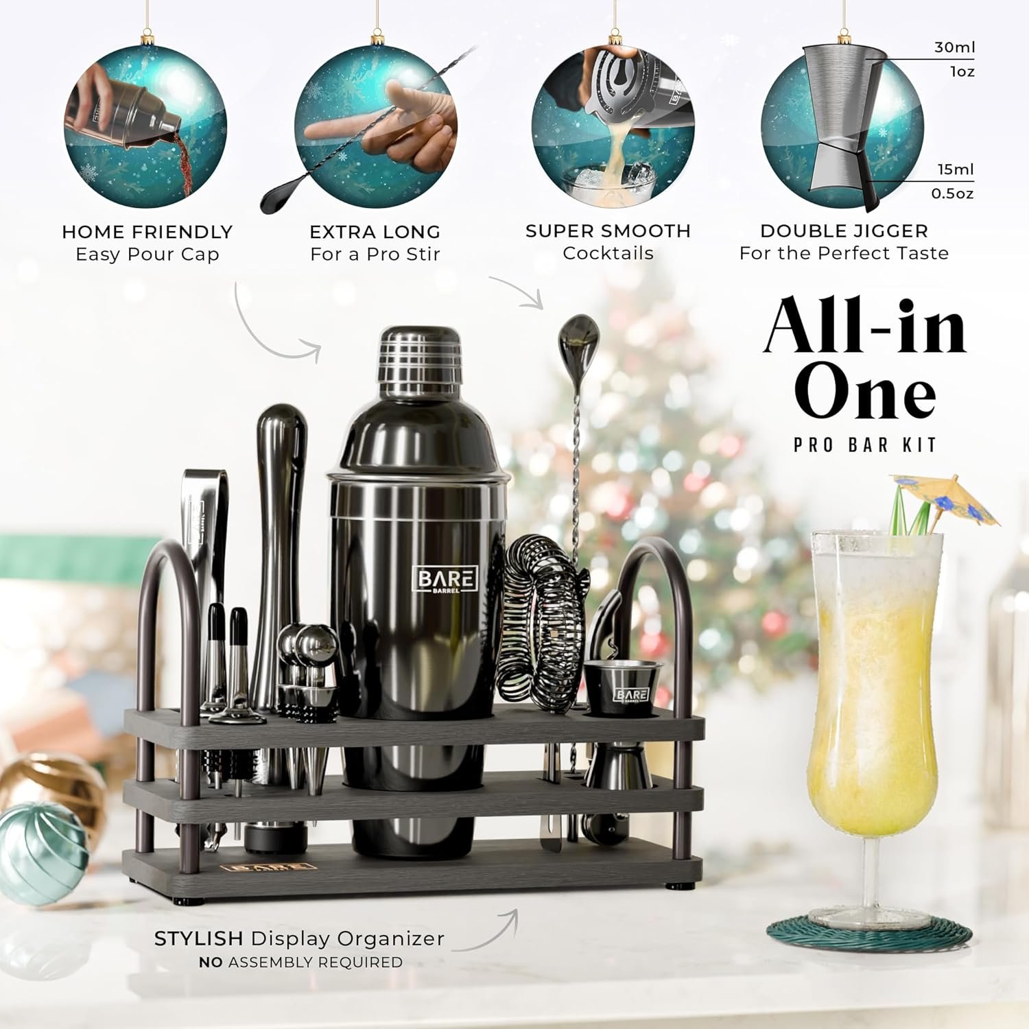 BARE BARREL® Mixology Bartender Kit Bar Set | 14-Piece Cocktail Shaker Set | Martini Barware Mixing Tools for Home Bartending | 35 Recipe Cards | Gift Set (24oz Cobbler Shaker, Jet Black/Black) - Image 3