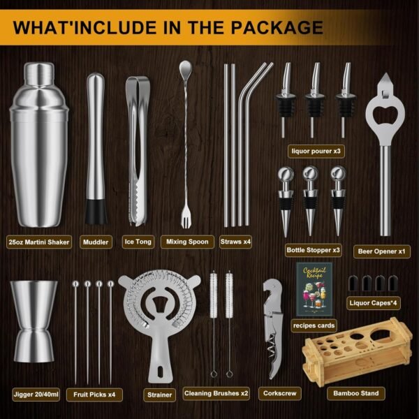 30pcs Mixology Bartender Kit with Stand, 25oz Bar Set Cocktail Shaker Set, Professional Bartending Kit Home Bar Tools Set Bar Accessories Father's Day - Image 3
