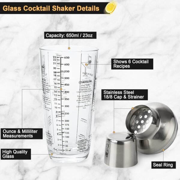 Tiawudi 23oz Glass Cocktail Shaker Set, 4PCS Bartender Kit, Martini Mixer Shaker with Built-in Strainer, Measuring Jigger, Cocktail Muddler & Mixing Spoon, Bar Tool Set for Bartender and Home Use - Image 5