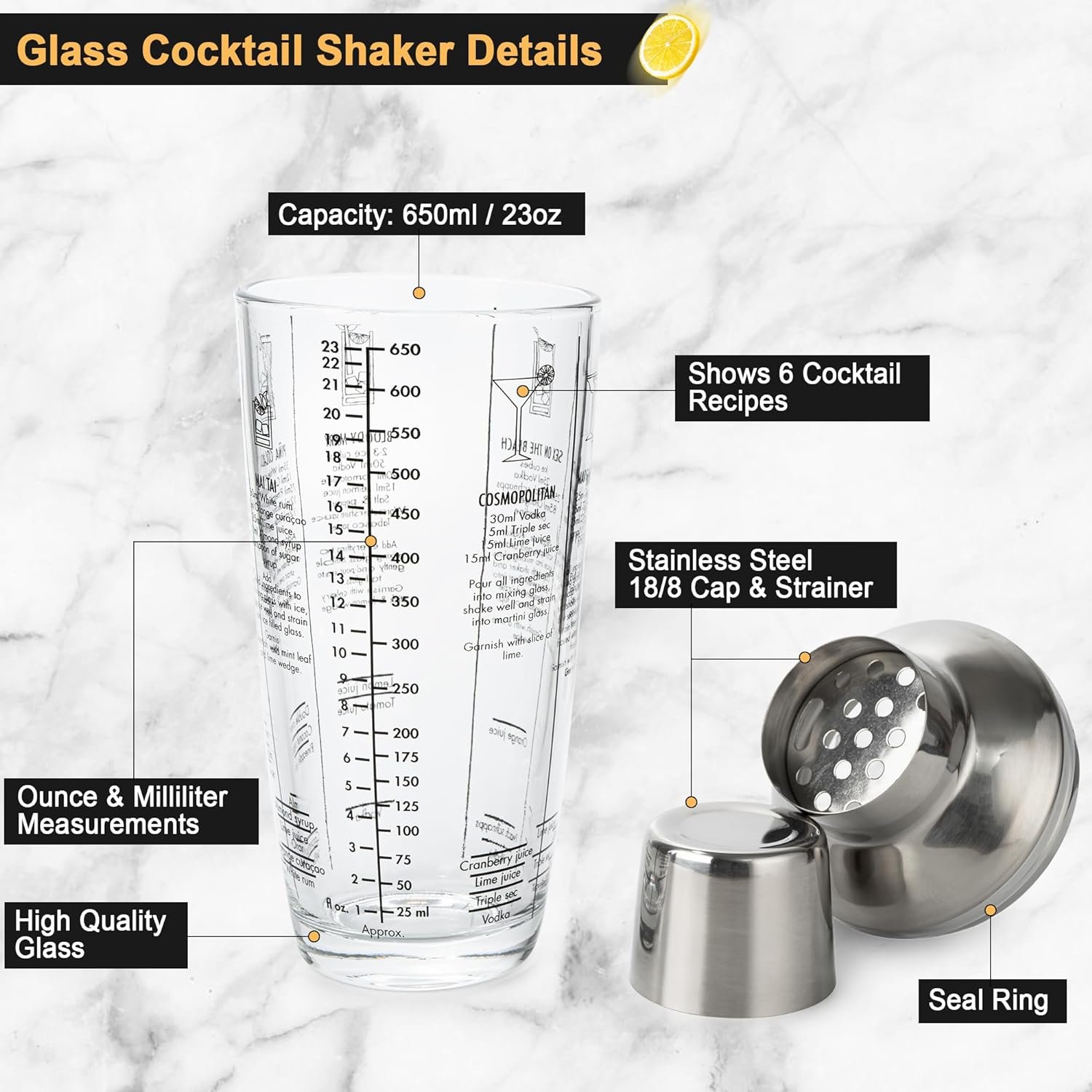 Tiawudi 23oz Glass Cocktail Shaker Set, 4PCS Bartender Kit, Martini Mixer Shaker with Built-in Strainer, Measuring Jigger, Cocktail Muddler & Mixing Spoon, Bar Tool Set for Bartender and Home Use - Image 5