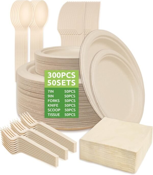 300Pcs Disposable Paper Plates Set, Compostable Plate Sugarcane Utensils Eco Friendly Dinnerware Kit Includes 50 Biodegradable Plates, Forks, Knives and Spoons - Image 2