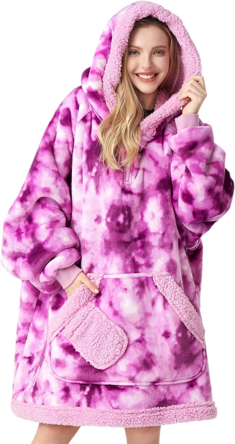 Giggling Getup Wearable Blanket Hoodie for Women Men - Oversized Flannel Sherpa Fleece Sweatshirt Blanket - with Giant Pocket & Sleeves - Cozy Warm Blanket Birthday Gifts for Adults Purple Tie Dye - Image 2