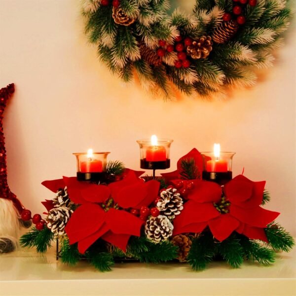 Juegoal Christmas Poinsettia Centerpiece with 3 Candle Holders, Pinecones and Red Berries, Christmas Decorations Holiday Candleabrum, Tabletop Centerpiece and Display - Image 4