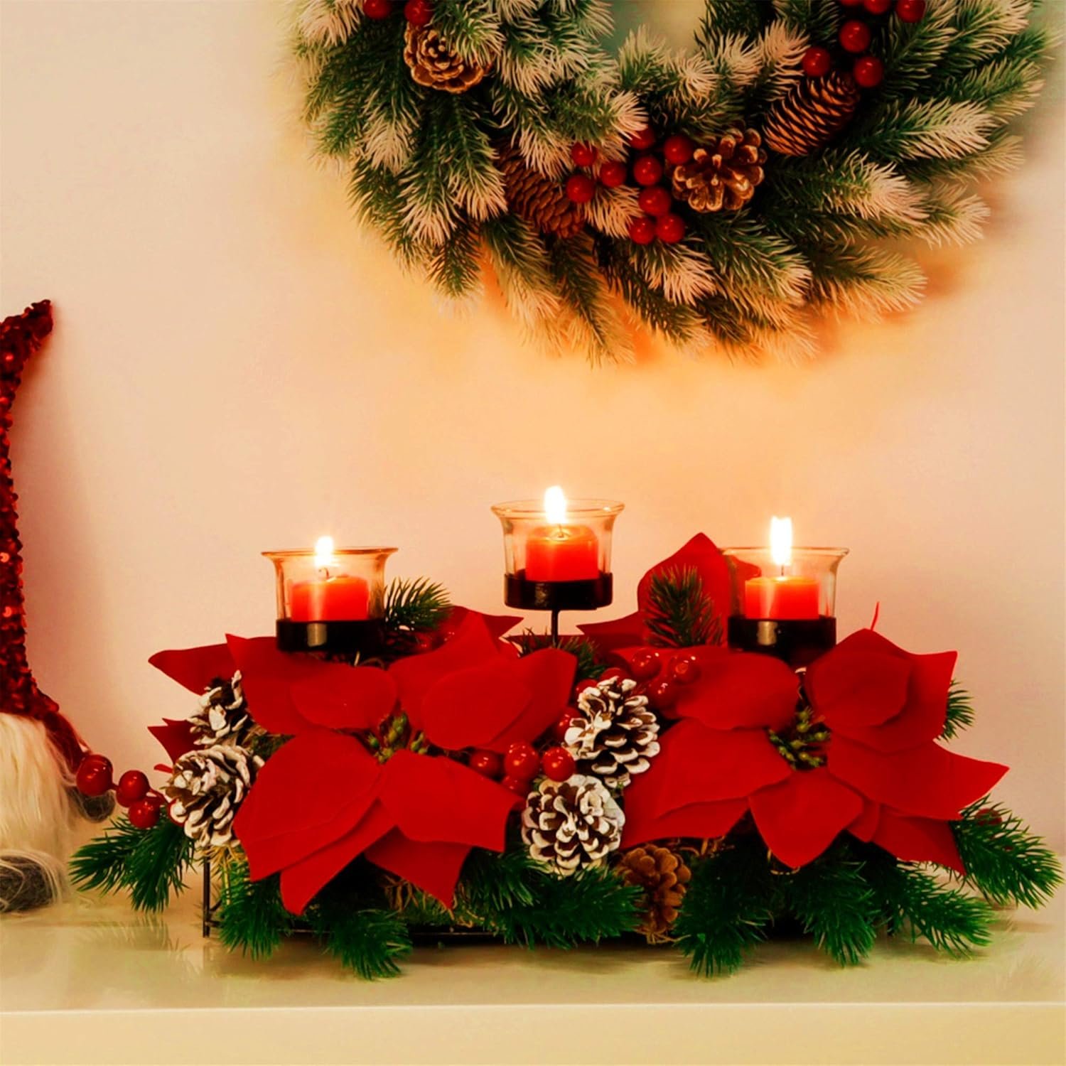 Juegoal Christmas Poinsettia Centerpiece with 3 Candle Holders, Pinecones and Red Berries, Christmas Decorations Holiday Candleabrum, Tabletop Centerpiece and Display - Image 4