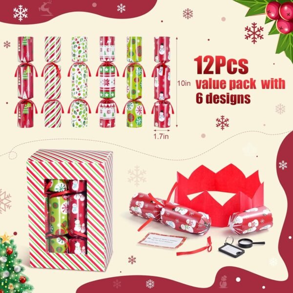 12Pack Christmas Party Favors Non-Snap, Christmas Red & Green Festive Design with Party Hat, Joke, Little Gifts, 6 Styles Christmas Party Crackers with Gifts for Kids and Adults Holiday Winter Dinners - Image 3