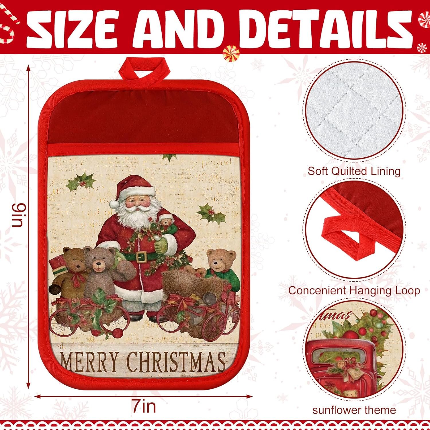 12 Pcs Christmas Pot Holders with Pocket Xmas Retro Pot Holders for Kitchen Winter Hot Pads Oven Mitts Cookie Bag Cute Heat Resistant Farmhouse Oven Gloves Baking Cooking - Image 5