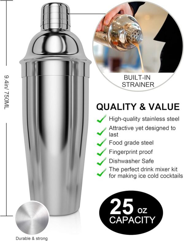 Bartender Kit, 14 Piece Cocktail Shaker Set Stainless Steel Bar Tools with Rotating Stand, 25 oz Shaker Tins, Jigger, Spoon, Pourers, Muddler, Strainer, Tongs, Bottle Stoppers, Opener, Recipes - Image 4