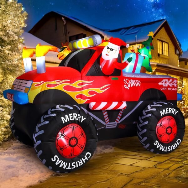 8.5 FT Long Santa Driving Monster Truck Christmas Inflatables Outdoor Decorations, Christmas Blow Up Santa Claus Yard Decorations for Garden Lawn Xmas Decor - Image 2
