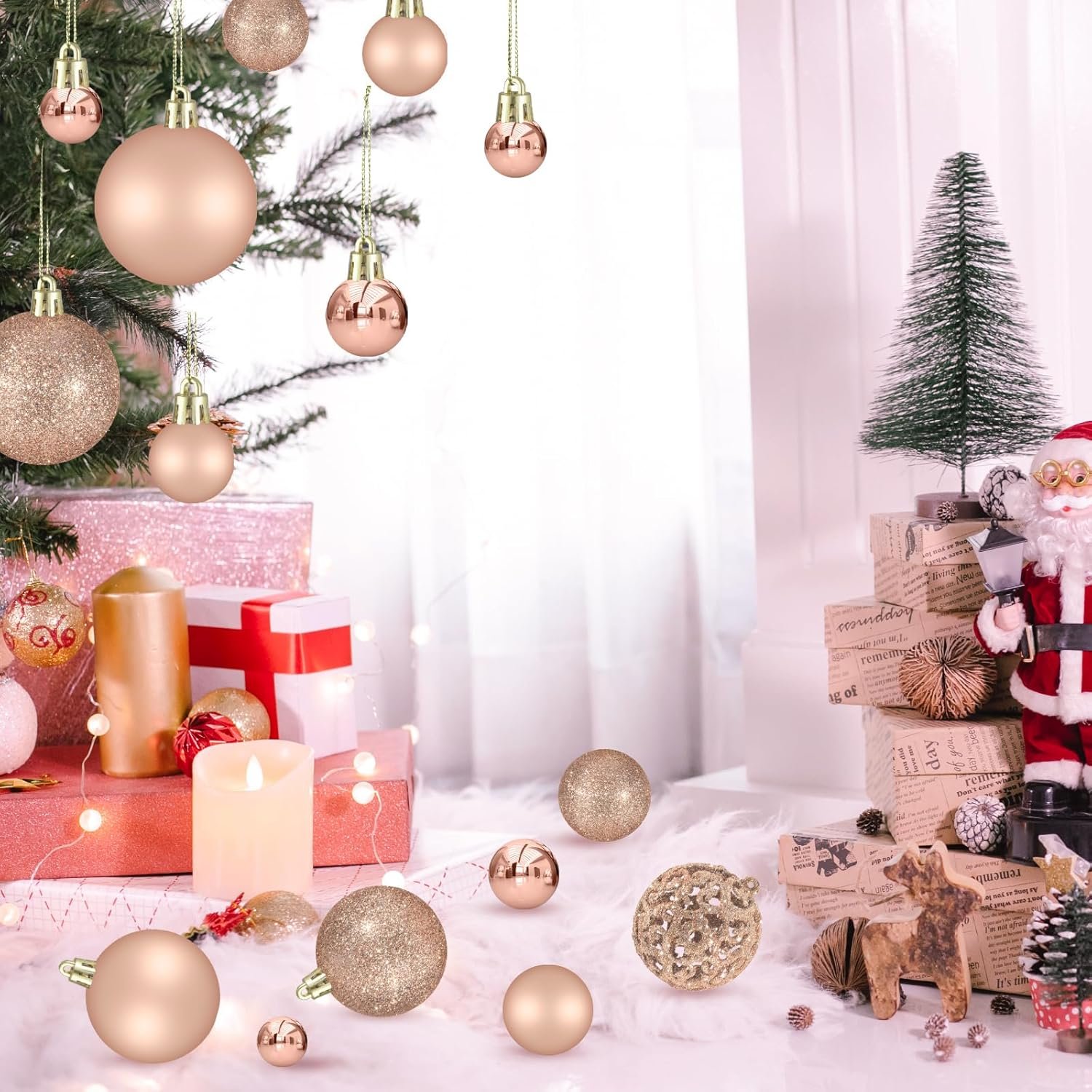 102PCS Assorted Rose Gold Christmas Ornaments, Christmas Balls Ornaments,Xmas Tree Ornaments,Plastic Shatterproof Christmas Ornaments,Christmas Tree Decorations Set - Image 8