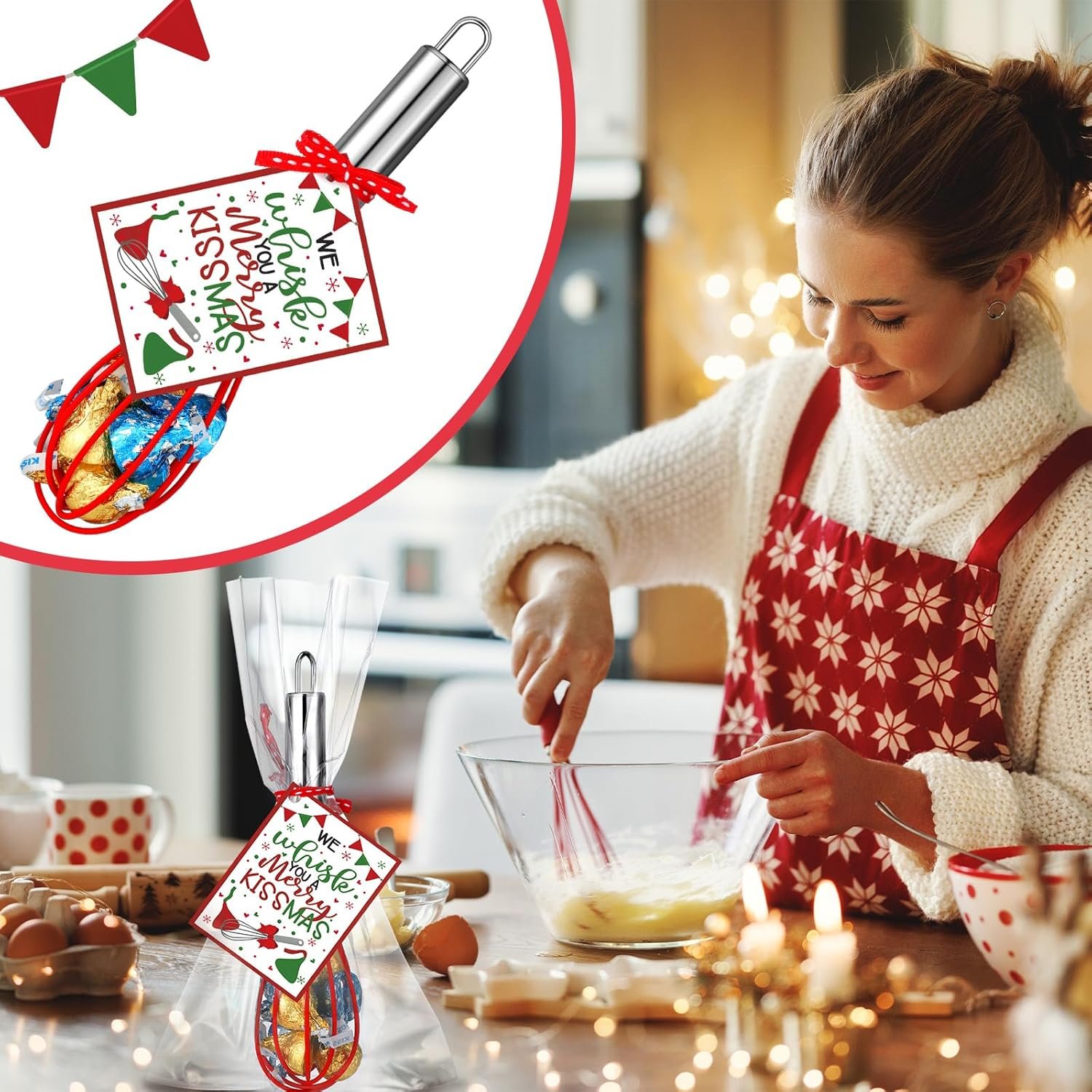 Nuogo 6 Sets Christmas Whisk Baking Supplies Gifts Sets Includes Stainless Steel Whisk, Greeting Cards, Ribbons, Plastic Bags for Neighbor Employee Cooking Supplies Christmas Stocking Stuffers Ideas - Image 7