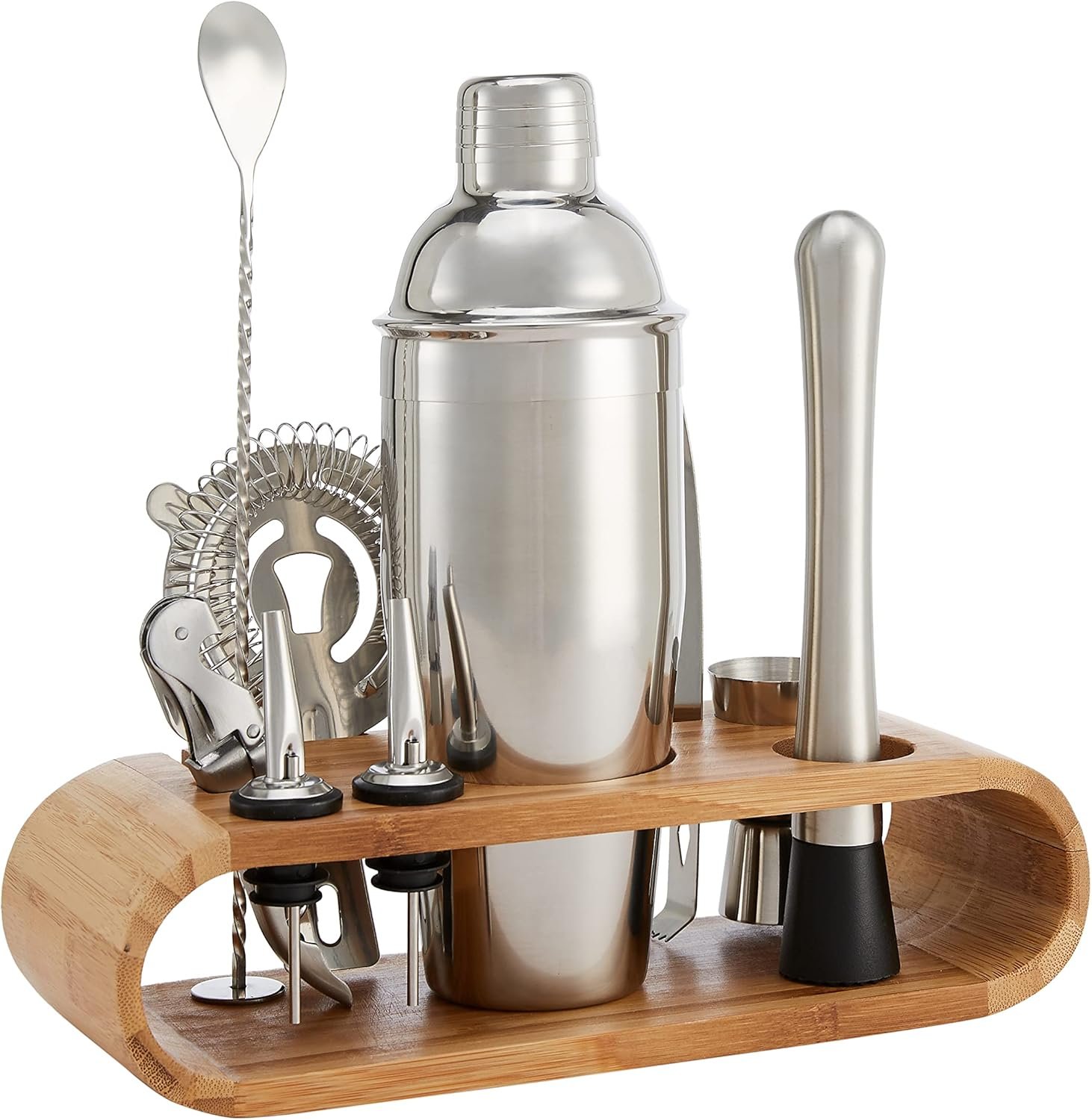 Amazon Basics 10-Piece Stainless Steel Bar Tools Set with Bamboo Stand Holder - Image 2