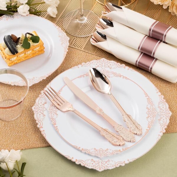 350PCS Rose Gold Plastic Plates for 50 Guests, Disposable Dinnerware Sets Include 100 Rose Gold Rim Plastic Plates, 50 Silverware, 50 Pre Rolled Napkins for Party, Wedding & Decor - Image 6
