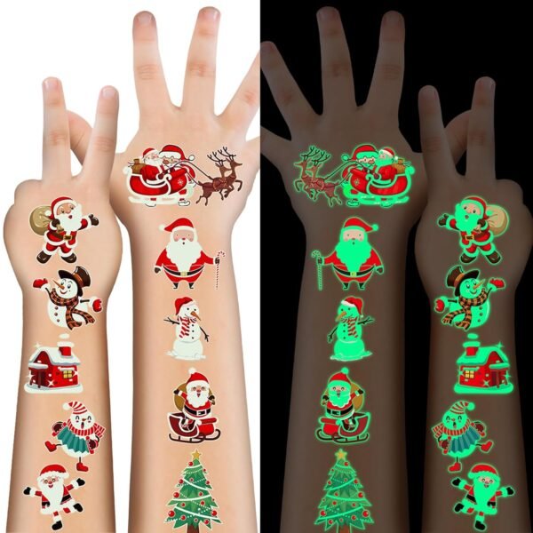 120PCS Luminous Christmas Tattoos for Kids, 10 Sheets Xmas Accessories Glow in the Dark Fake Tattoo Stickers with Santa for Stocking Stuffers, Cute Christmas Party Favors Supplies for Boys Girls - Image 2