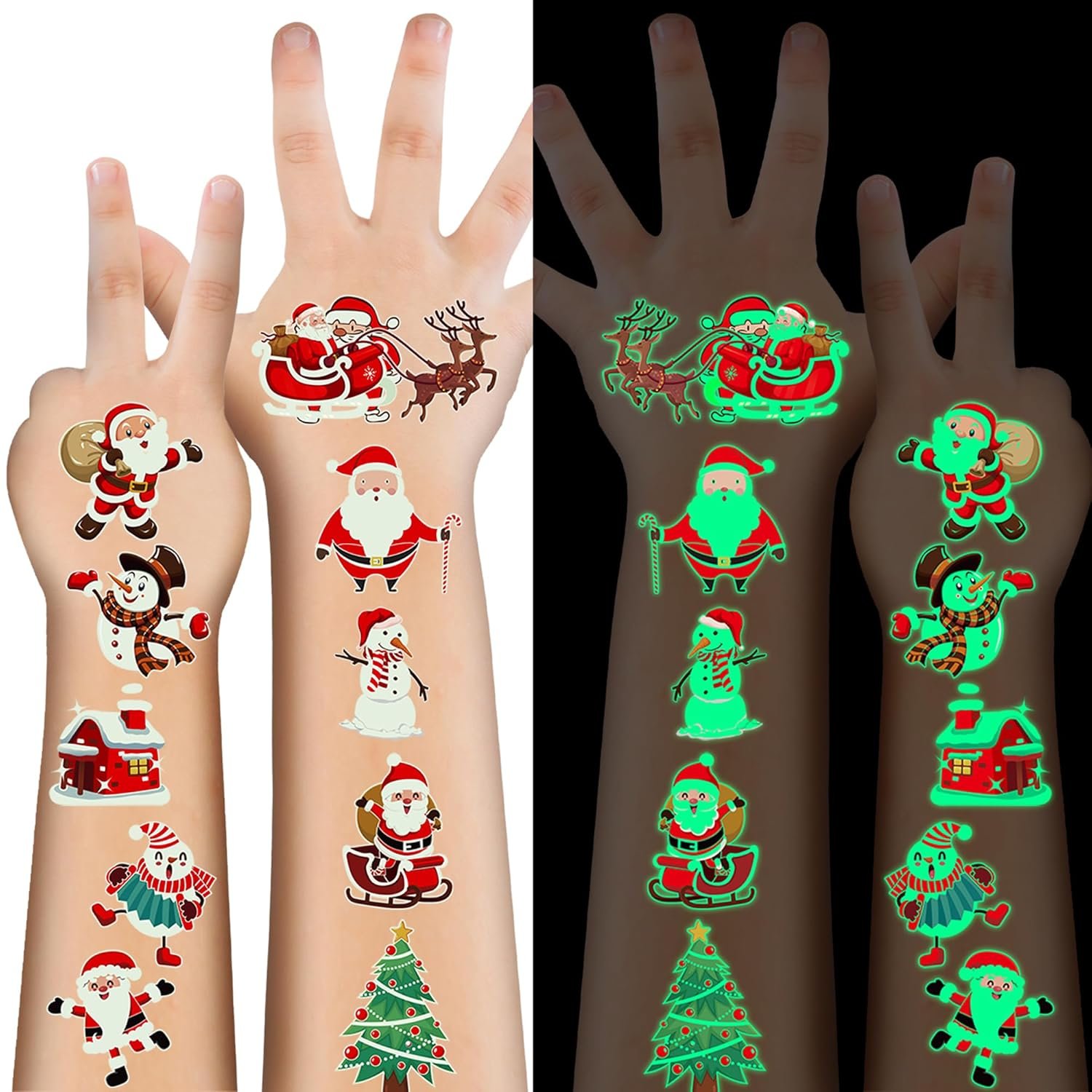 120PCS Luminous Christmas Tattoos for Kids, 10 Sheets Xmas Accessories Glow in the Dark Fake Tattoo Stickers with Santa for Stocking Stuffers, Cute Christmas Party Favors Supplies for Boys Girls - Image 2