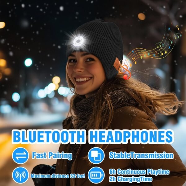 Bluetooth Beanie with Light,Unisex USB Rechargeable LED Headlamp Hat,Built-in Wireless Headphones & Stereo Speakers,Gifts for Men Women - Image 3