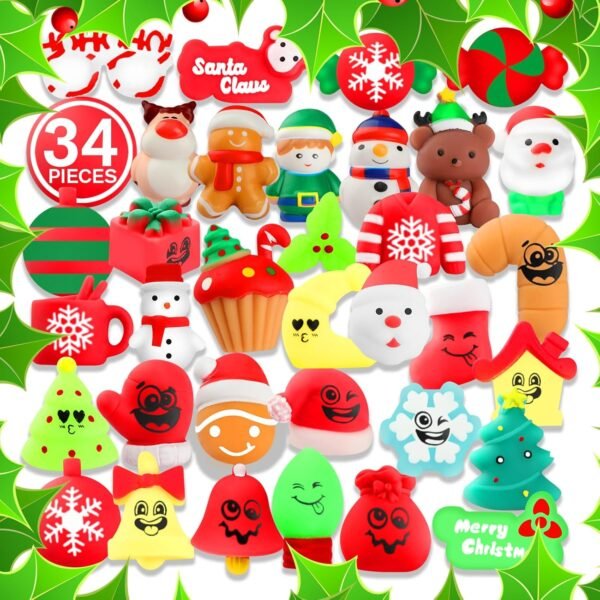 Christmas Squishy Toys, 34 PCS Squishies Christmas Party Favors for Kids Boys Girls, Mochi Kawaii Squishy Stress Reliever Anxiety Toys, Classroom Prize Bulk Gifts for Christmas Treat Goody Bags - Image 6