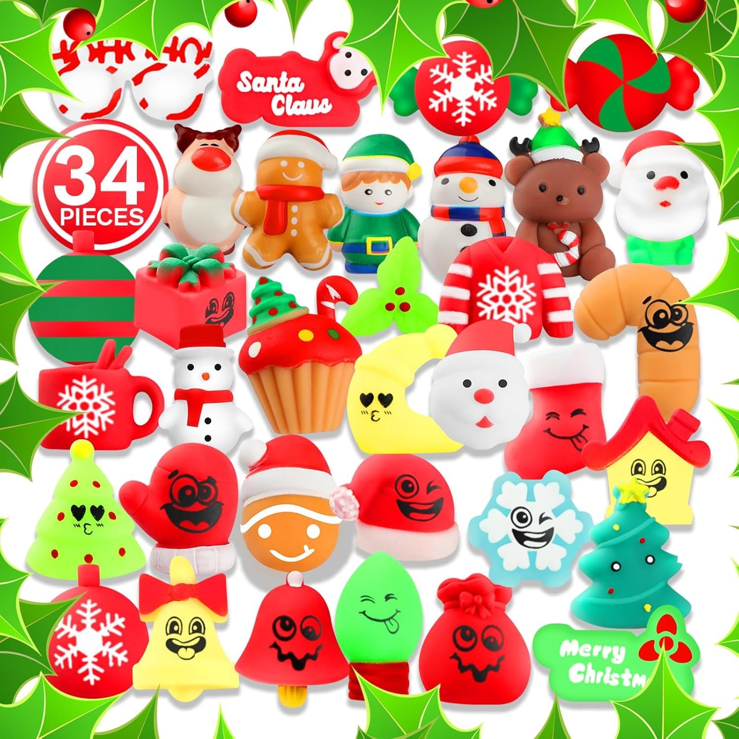 Christmas Squishy Toys, 34 PCS Squishies Christmas Party Favors for Kids Boys Girls, Mochi Kawaii Squishy Stress Reliever Anxiety Toys, Classroom Prize Bulk Gifts for Christmas Treat Goody Bags - Image 6
