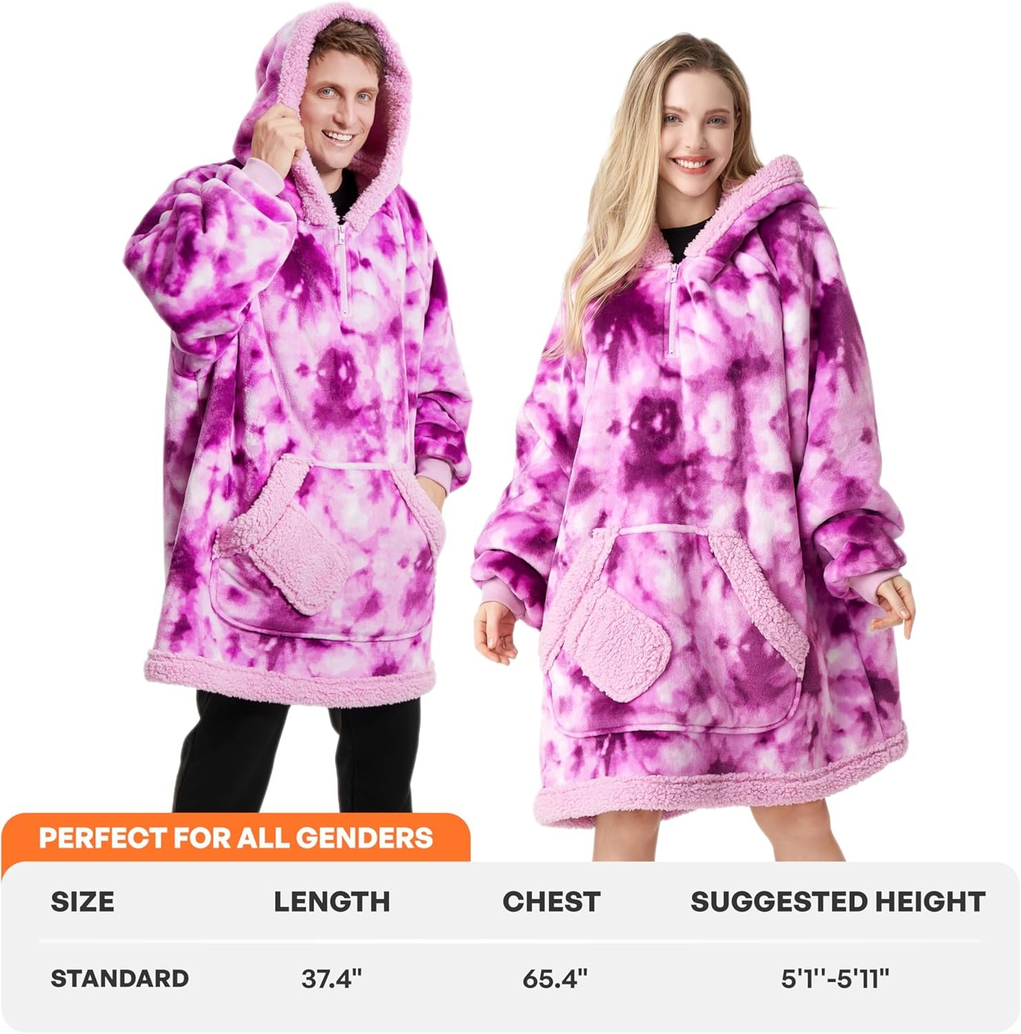 Giggling Getup Wearable Blanket Hoodie for Women Men - Oversized Flannel Sherpa Fleece Sweatshirt Blanket - with Giant Pocket & Sleeves - Cozy Warm Blanket Birthday Gifts for Adults Purple Tie Dye - Image 5