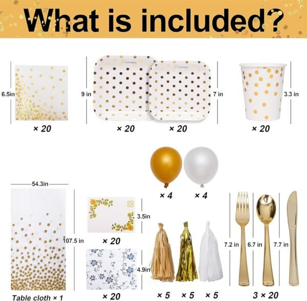204 PCS White and Gold Party Supplies Disposable Tableware Set - Plastic Plates, Napkins, Cups, Tassels, Forks, Knives, Tablecloth, Dinnerware for 20 Guests - Image 2