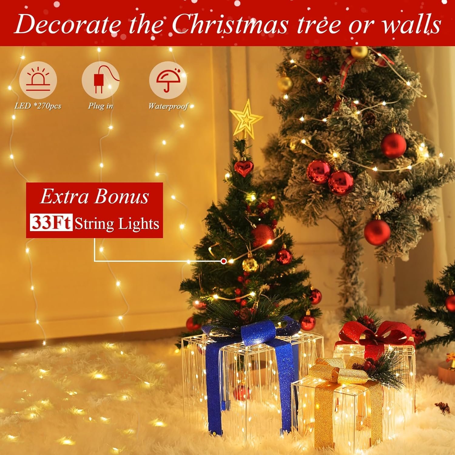 Sparkling Christmas Lighted Gift Boxes W/ 270 LEDs, 33Ft String Lights Light up Christmas Decoration Indoor Outdoor, Holiday Decor Present Boxes Xmas Ornament for Tree Skirt Yard Porch Home, Set of 3 - Image 4